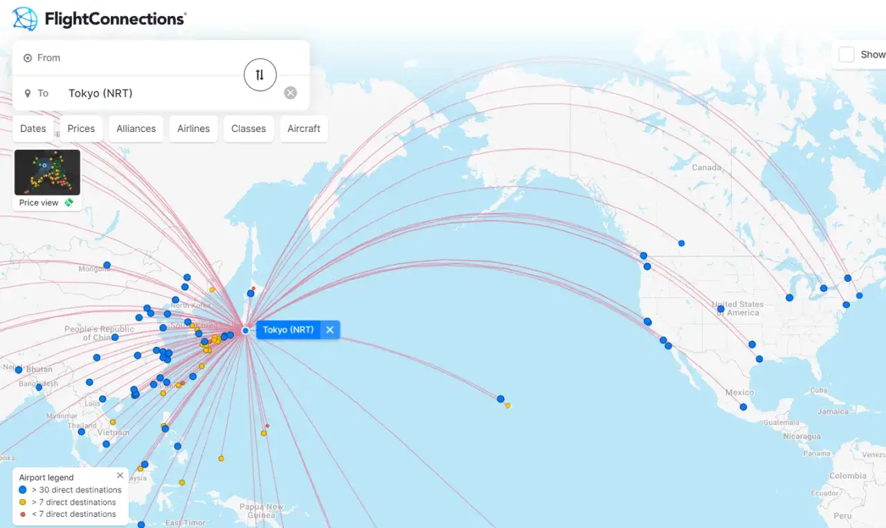 Mapa lotów z Tokio (NRT) pokazuje, ile się leci do Japonii z różnych miejsc na świecie.