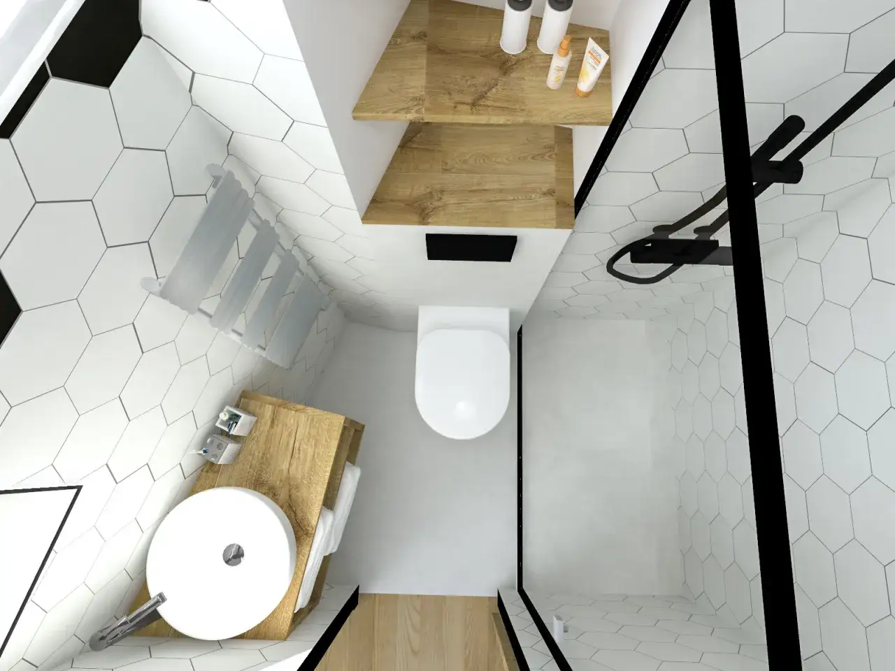 Salle de bain moderne avec carrelage hexagonal blanc, lavabo en bois, douche et toilettes. Idéal pour changer vos toilettes et moderniser votre espace.