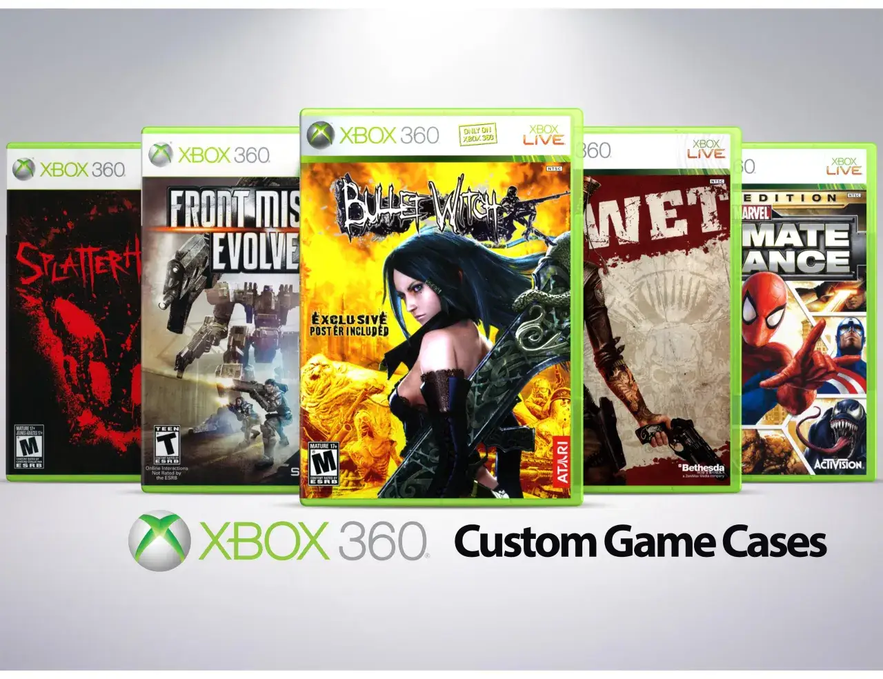 Kolekcja fajnych gier na Xbox 360: Splatterhouse, Front Mission Evolve, Bullet Witch, Wet, Marvel Ultimate Alliance.