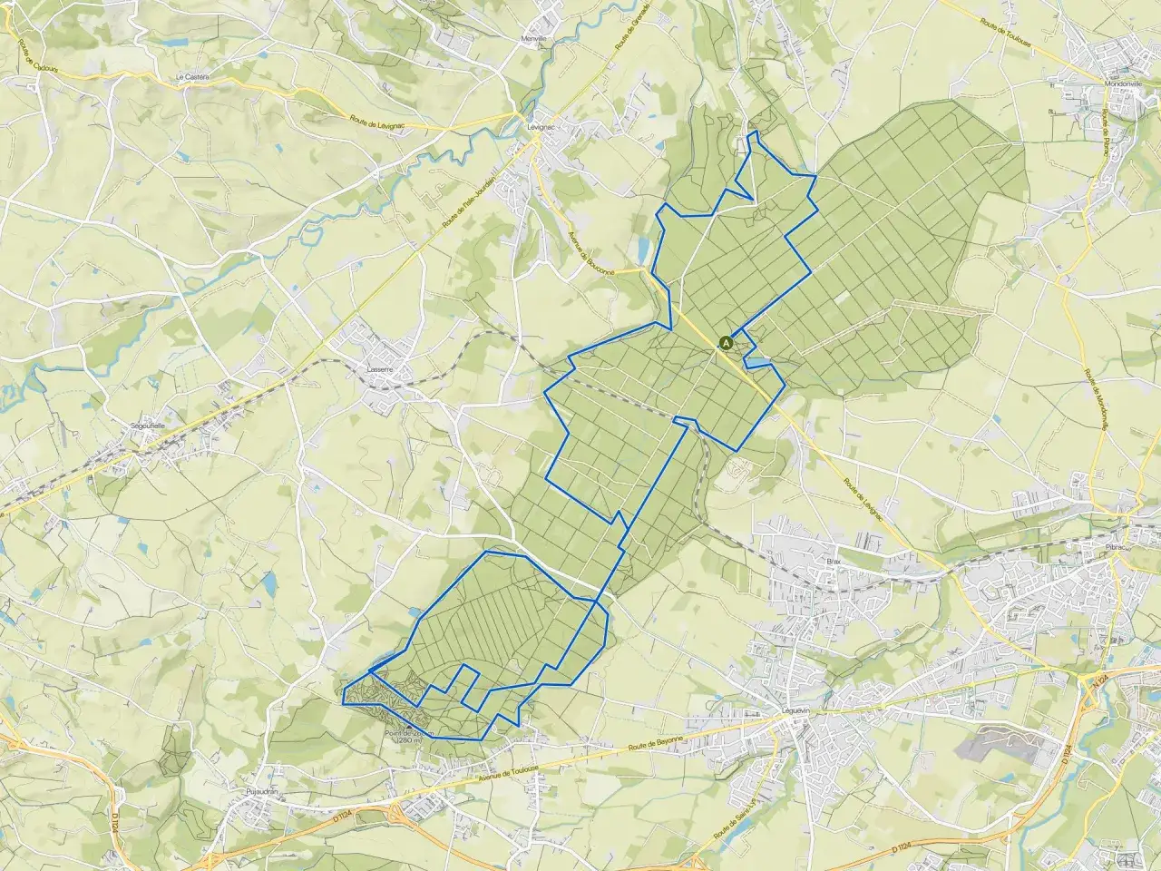 Carte de l'itinéraire de la forêt de Bouconne, montrant les chemins et les environs de Lévignac.