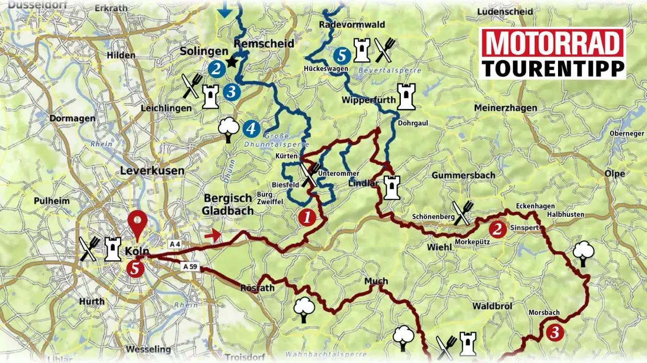 Karte mit Routenf&uuml;hrung f&uuml;r eine Motorrad Tour durch das Bergische Land. Stationen sind K&ouml;ln, Solingen, Wipperf&uuml;rth und Waldbr&ouml;l.