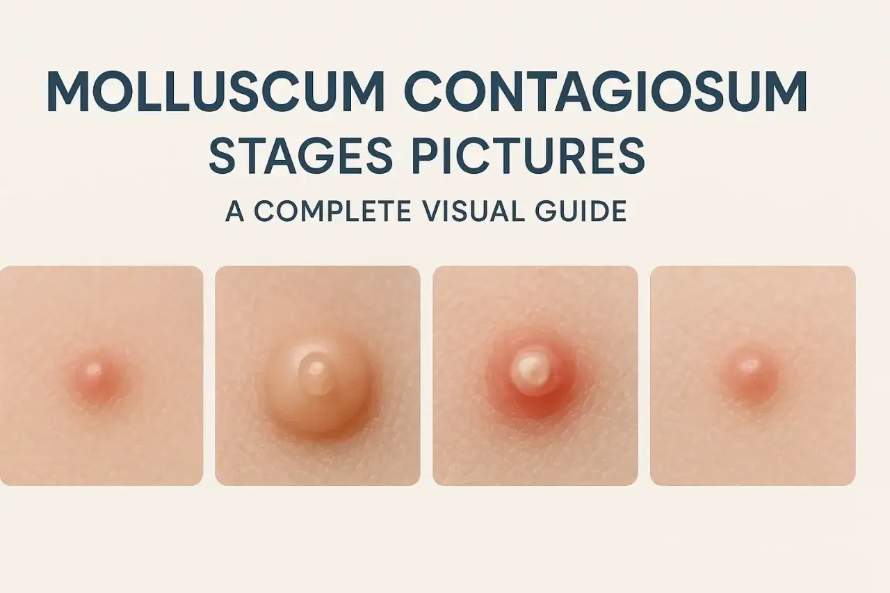 Le quattro fasi del mollusco contagioso sulla pelle dei bambini, da piccole papule a lesioni più grandi e infiammate.