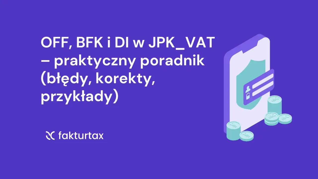 JPK_VAT: poradnik o oznaczeniu DI, błędach i korektach. Grafika z ikoną telefonu, tarczy i monet.
