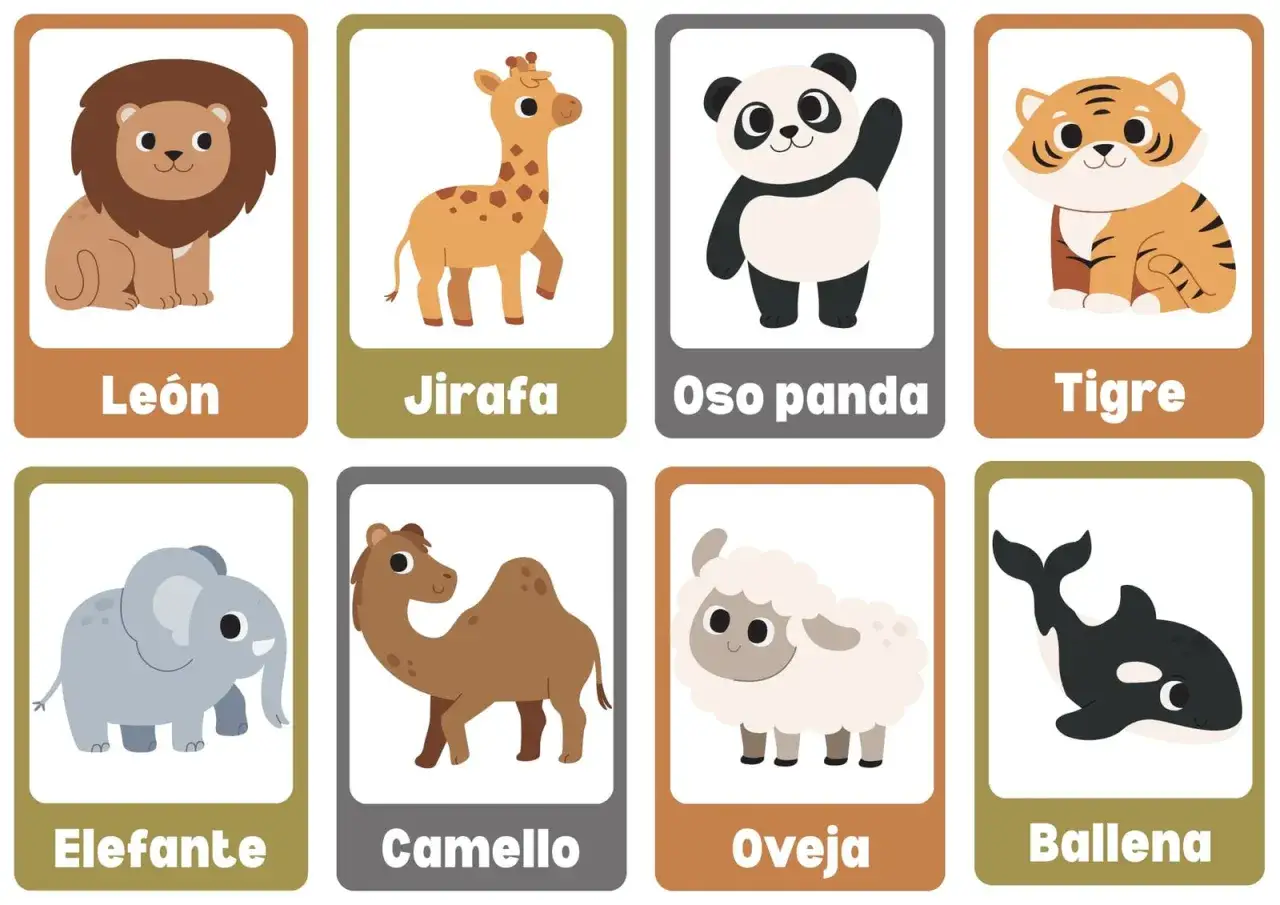 Colección de fichas de animales para imprimir: león, jirafa, oso panda, tigre, elefante, camello, oveja y ballena.