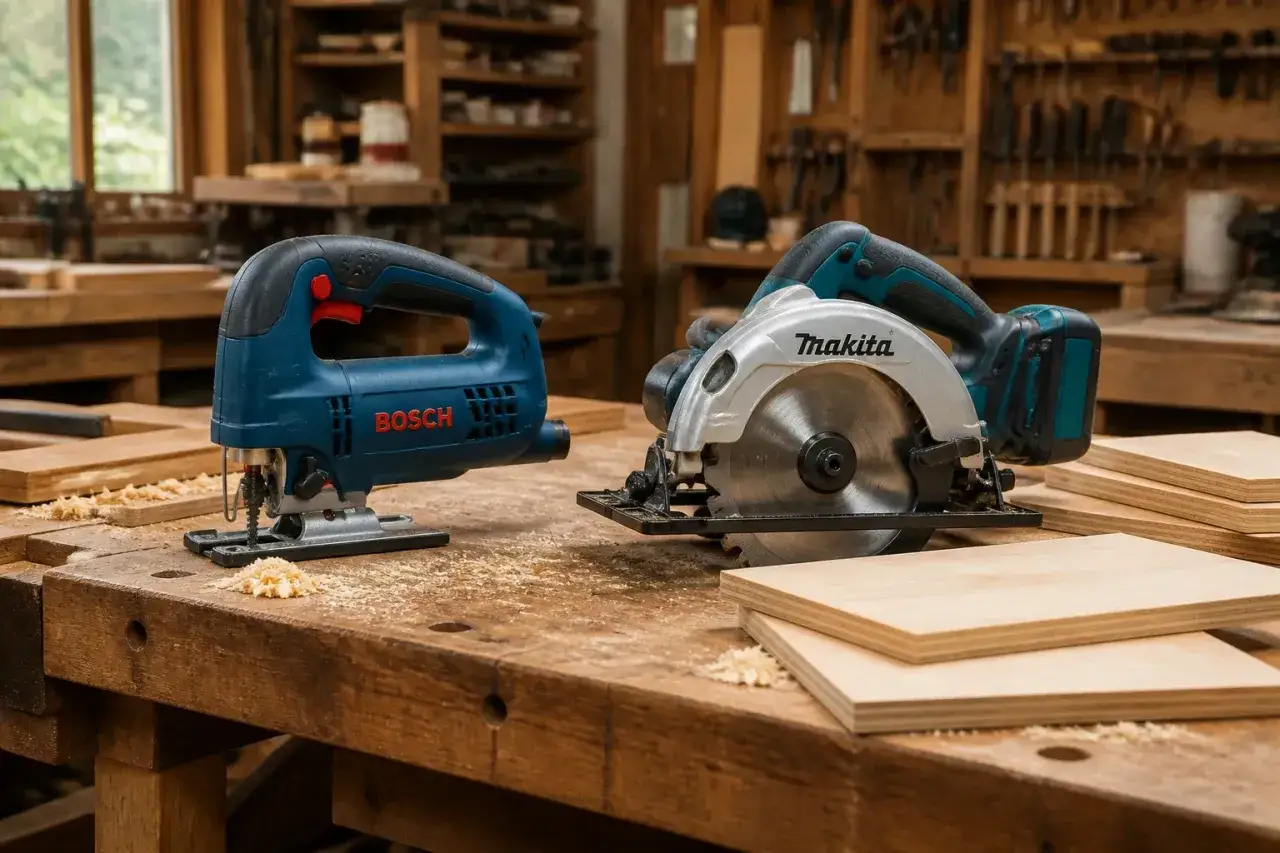 Scie sauteuse Bosch et scie circulaire Makita sur un établi en bois, montrant la différence entre les deux outils pour le travail du bois.