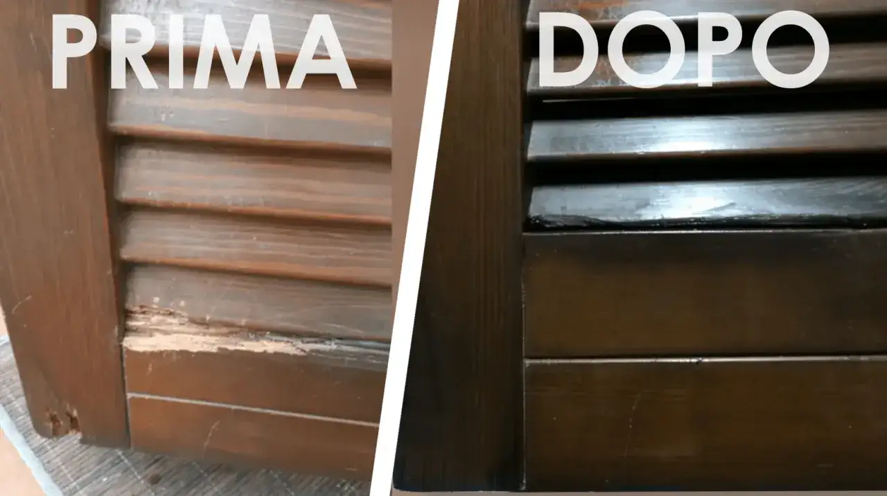 Prima e dopo: riparazione di legno marcio con resina per legno marcio. Il legno danneggiato è stato ripristinato.