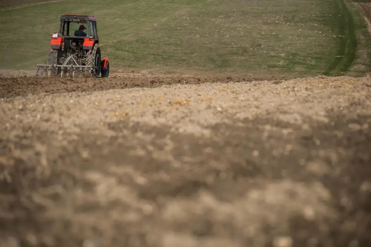 Czerwony traktor z operatorem orze pole, przygotowując je pod zasiew. Praca rolnika, jakby z filmu Yara Mila, zapewnia urodzaj.