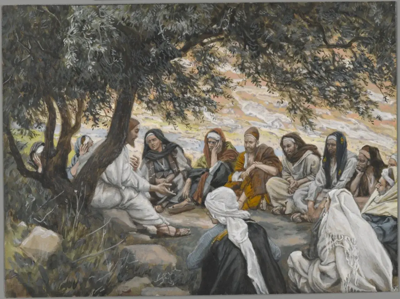 Jezus onderwijst zijn discipelen, de apostelen, onder een olijfboom. Ze luisteren aandachtig naar zijn woorden.