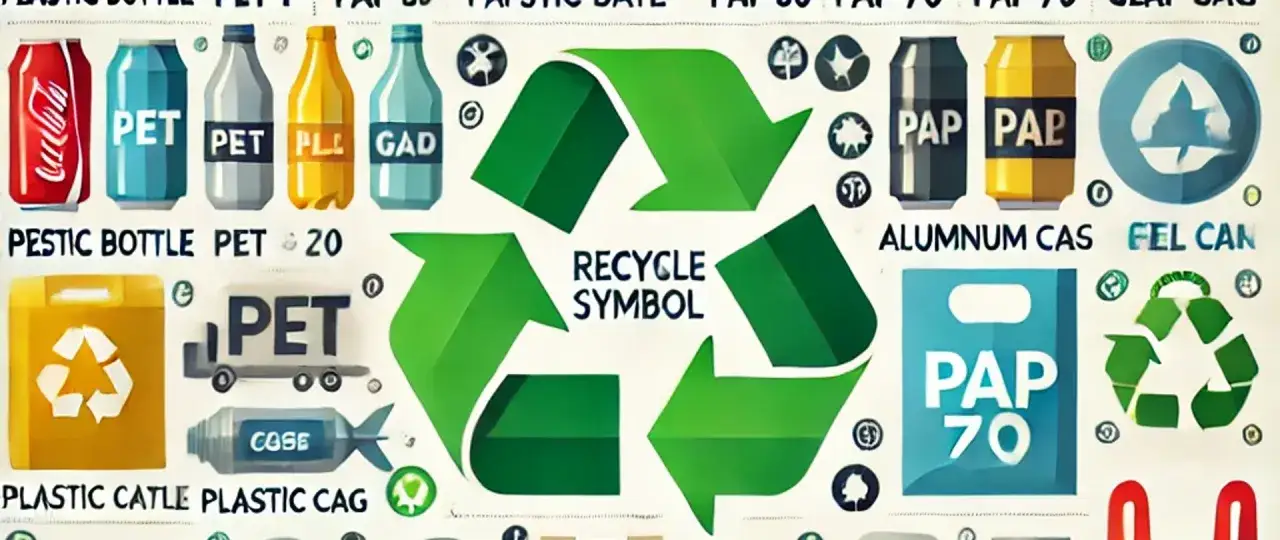 Ilustracja przedstawia znaki recyklingu i ich znaczenie. Widoczne są różne rodzaje opakowań, takie jak butelki PET, puszki aluminiowe i papierowe, z symbolami recyklingu.