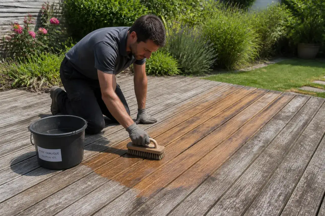 Un homme nettoie une terrasse en bois avec une solution d'acide oxalique, redonnant vie au bois grisonnant.