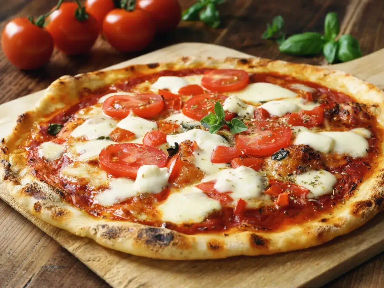 Pyszna pizza z pomidorami i rozpływającą się bufala mozzarella, ozdobiona świeżą bazylią.