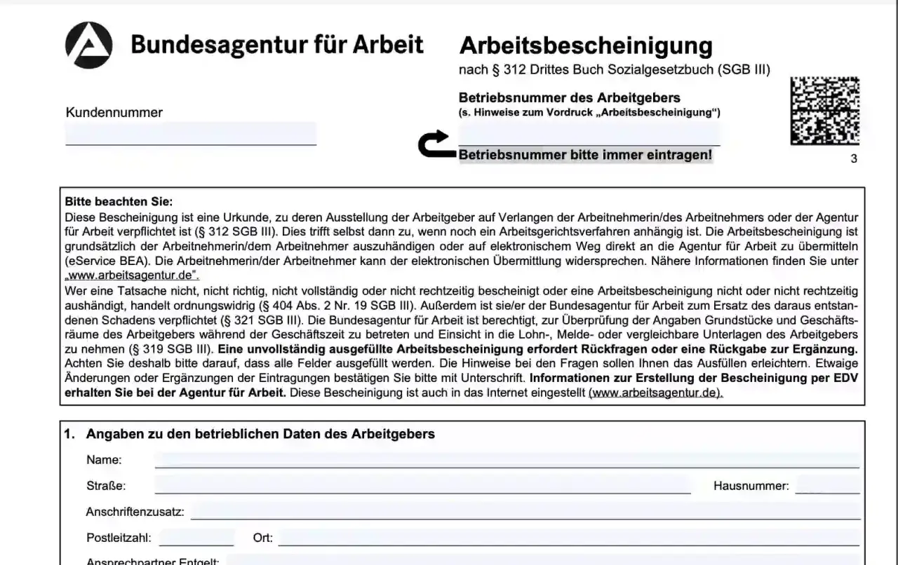 Arbeitsbescheinigung der Bundesagentur für Arbeit. Dieses Dokument ist eine Urkunde, die bestätigt, was eine Arbeitsbescheinigung ist.