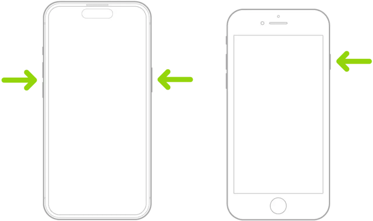 Dwa iPhone'y z zielonymi strzałkami wskazującymi przyciski boczne. Dowiedz się, jak wyłączyć iPhone'a.