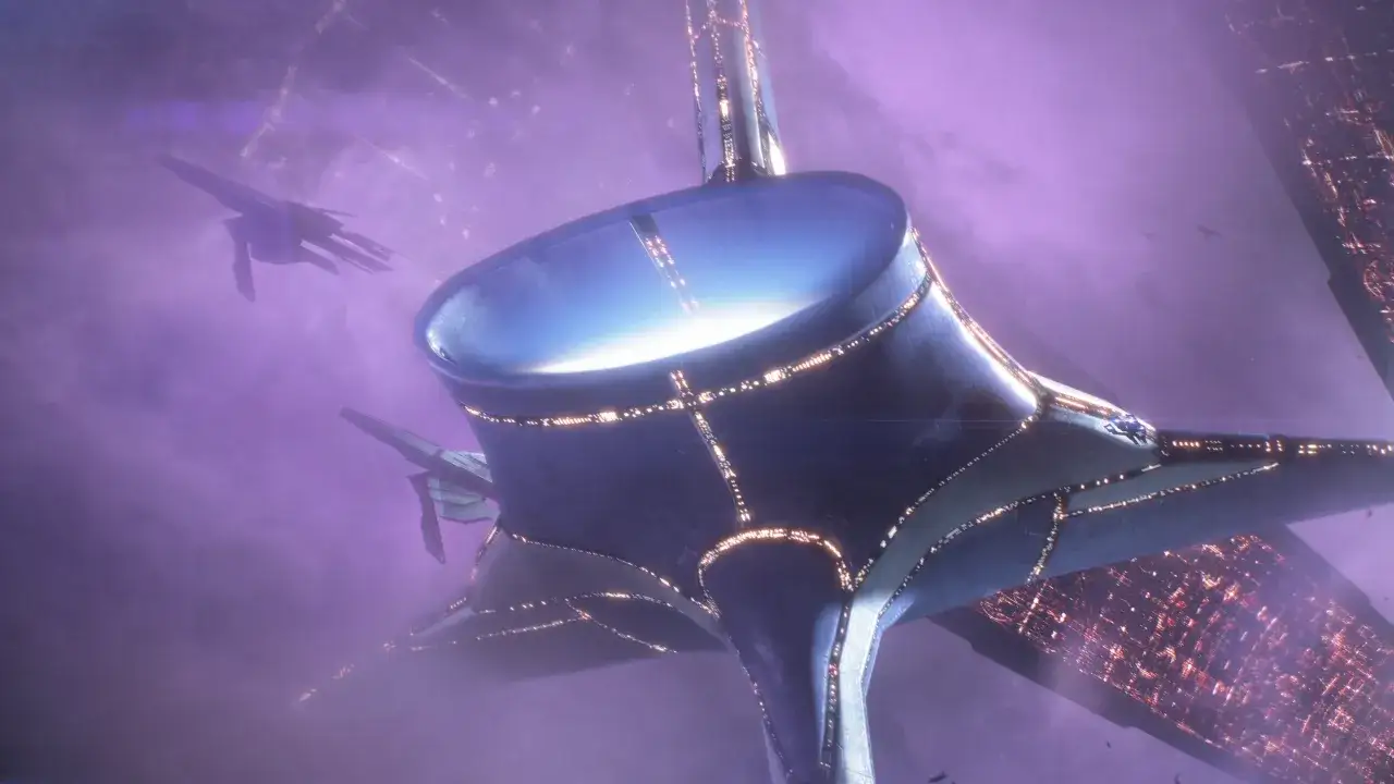 Widok na futurystyczną stację kosmiczną i statki w fioletowej mgławce, zapowiedź Mass Effect 5.