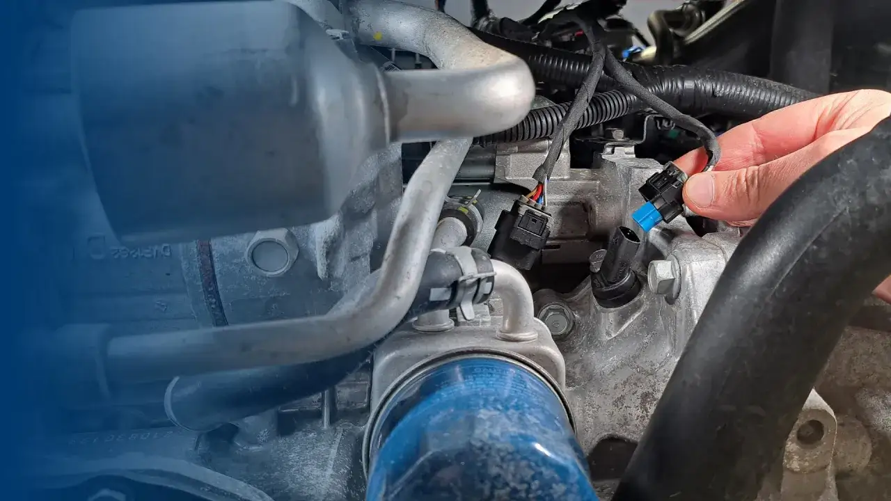 Mano che scollega il sensore di posizione albero motore, parte essenziale per il corretto funzionamento del motore.
