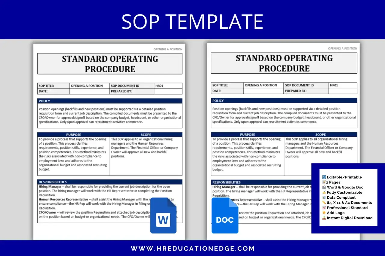 Szablon SOP (Standard Operating Procedure) opisuje proces otwierania stanowiska pracy, w tym wymagane dokumenty i odpowiedzialności.