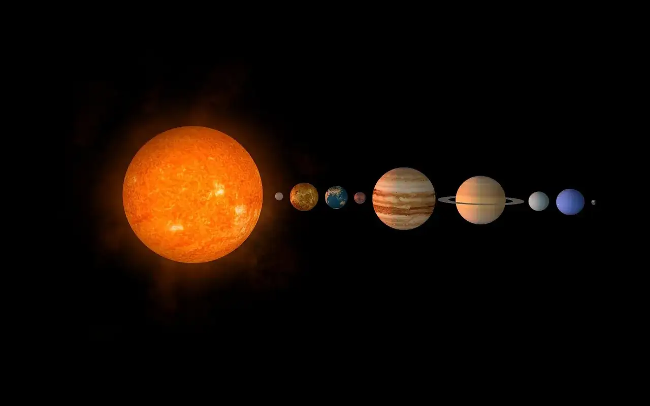 Słońce i planety Układu Słonecznego ułożone według wielkości od najmniejszej do największej: Merkury, Mars, Wenus, Ziemia, Neptun, Uran, Saturn, Jowisz.