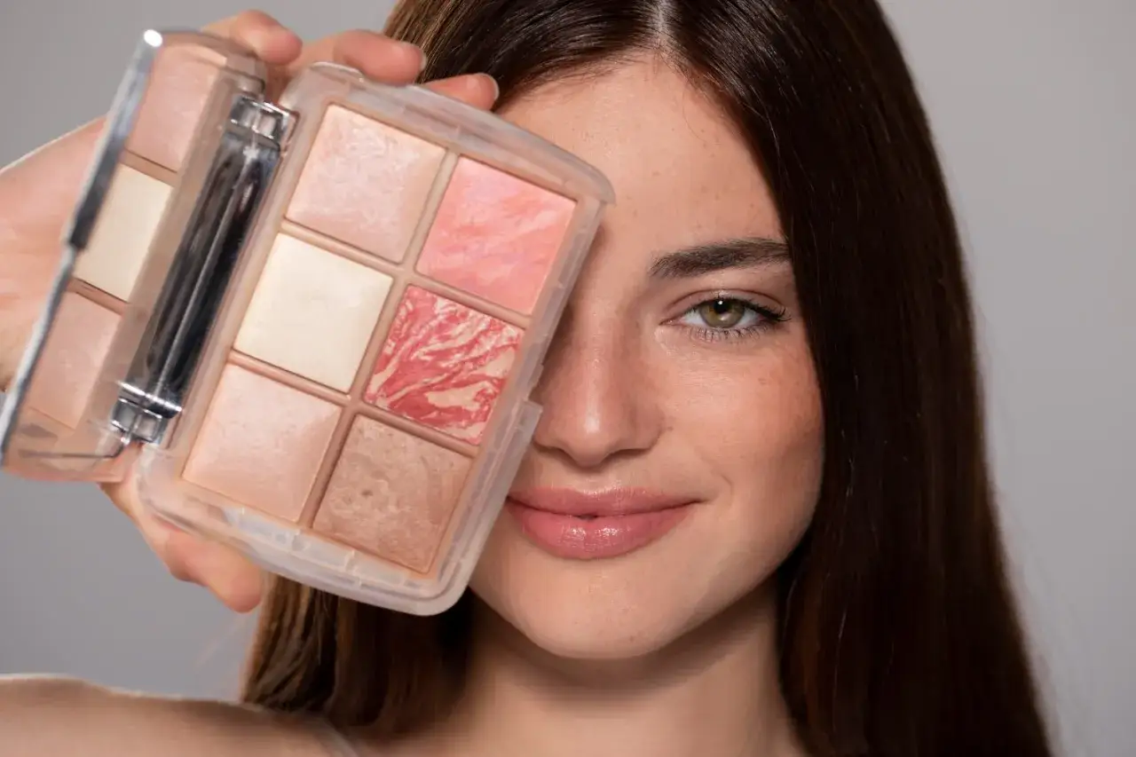 Ragazza sorridente mostra una palette di makeup per un tutorial trucco. Le tonalità rosate e luminose promettono un look radioso.