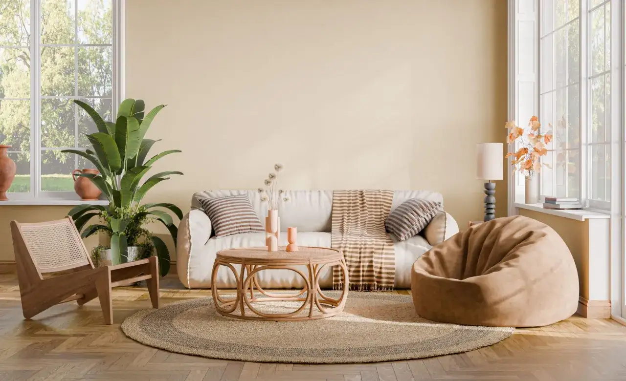 Un accogliente soggiorno con divano, poltrona sacco e tavolino in rattan. La luce filtra dalle finestre, creando un'atmosfera rilassante, perfetta per il **casa vacanze significato**.
