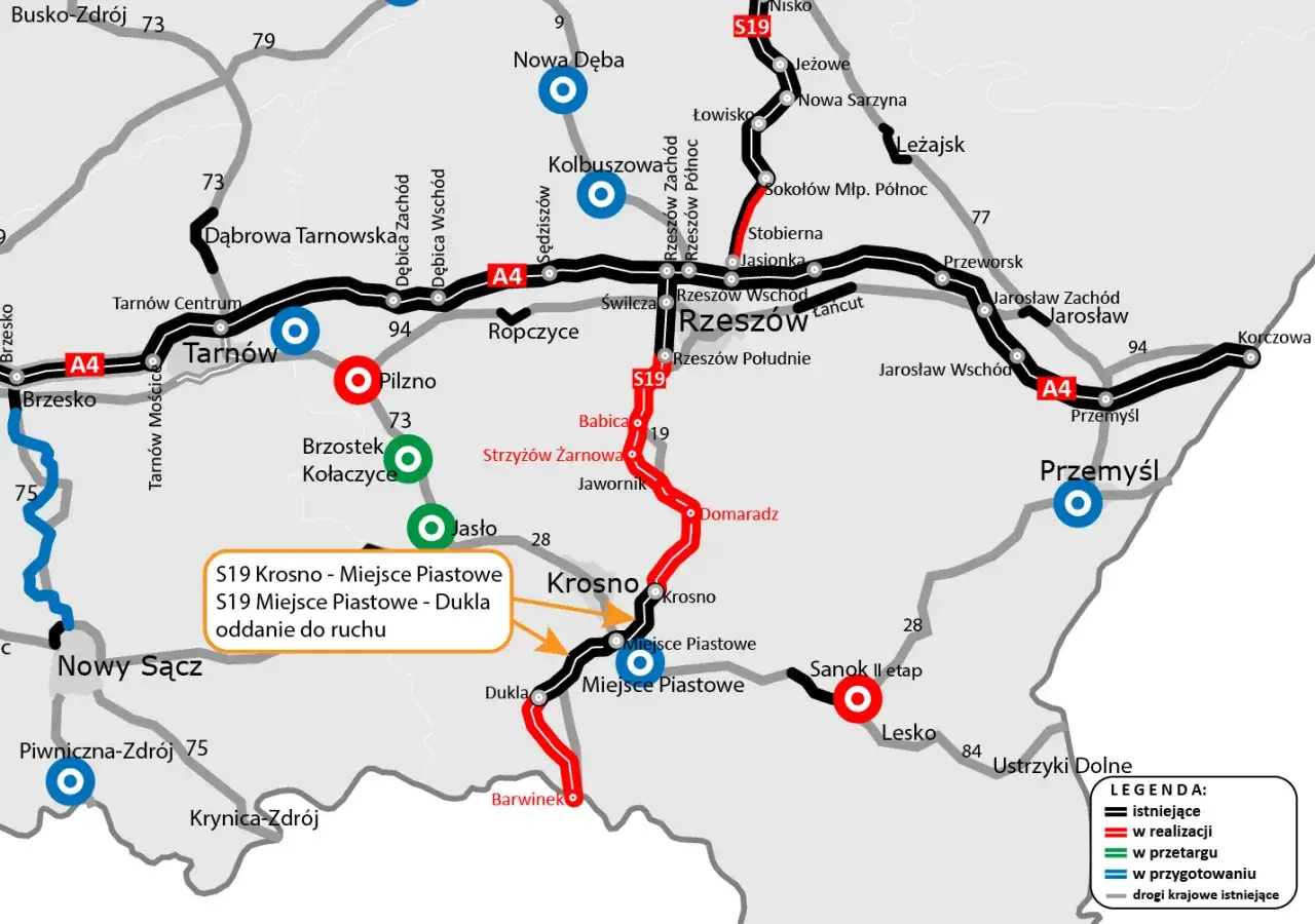 Mapa drogowa z zaznaczoną trasą S19, która biegnie przez Rzeszów, Krosno i dalej na południe.