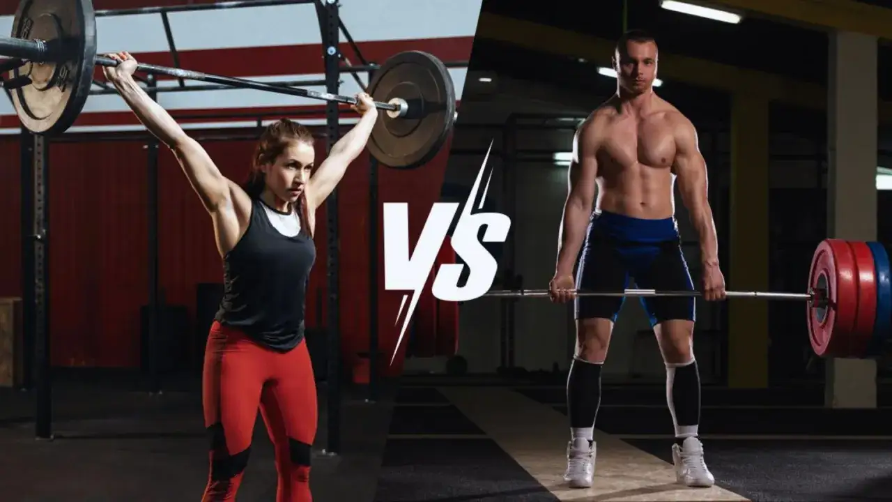 Donna in un gesto di weightlifting, uomo in posizione di powerlifting. Sfida di forza.