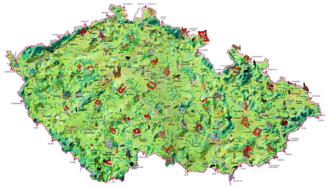 Mapa Czech z zaznaczonymi atrakcjami turystycznymi. Gdzie jechać? Od Pragi po Ołomuniec, odkryj zamki, miasta i przyrodę.
