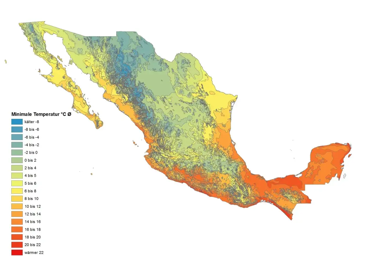 Temperaturkarte von Mexiko im Oktober zeigt warme Küstenregionen und kühlere Berggebiete.