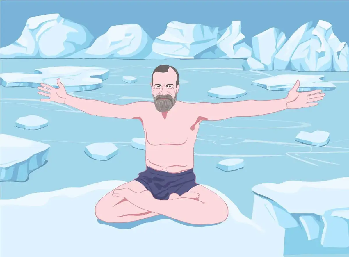 Wim Hof w pozycji medytacyjnej na lodzie, demonstrujący wim hof oddychanie poziom 2. Otoczony przez góry lodowe i dryfujące krę.