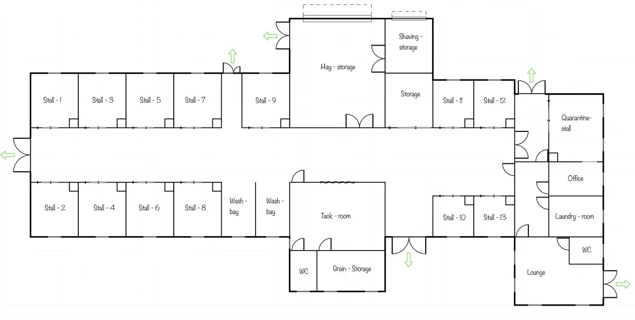 Plan construction écurie avec 13 box, sellerie, stockage foin et grain, bureau, buanderie, salon et zone de lavage.