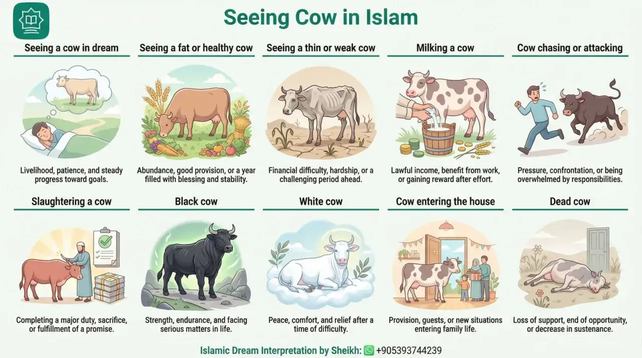 Ilustración sobre cómo soñar con vacas en el Islam. Muestra diferentes escenarios y sus significados, desde prosperidad hasta dificultades.
