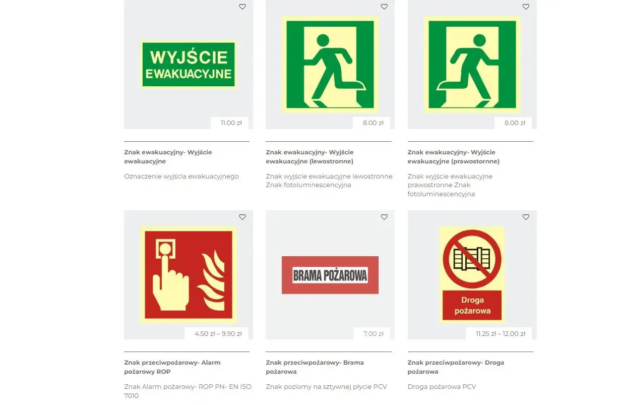 Znaki ewakuacyjne zgodne z normą ISO 7010: wyjście ewakuacyjne, wyjście ewakuacyjne lewo/prawostronne, alarm pożarowy, brama pożarowa, droga pożarowa.