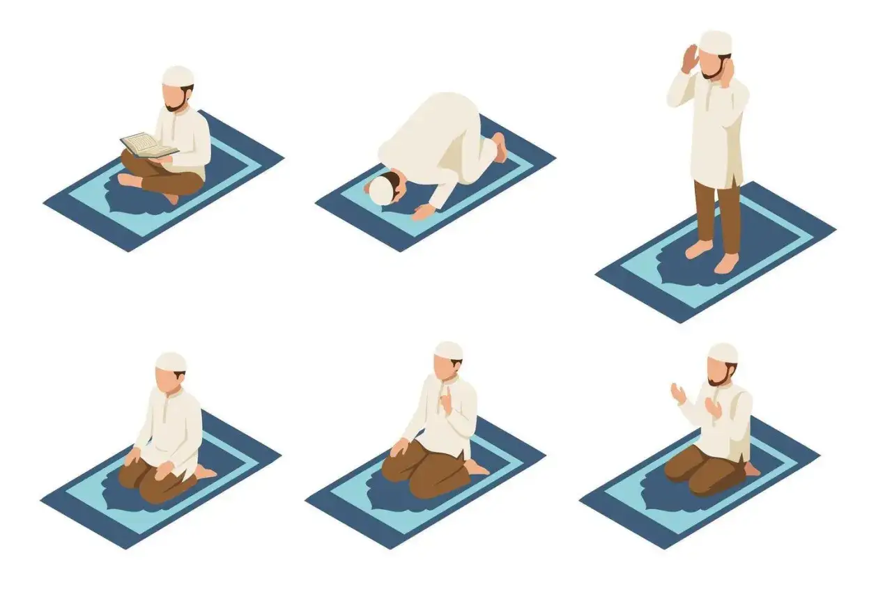 M&auml;nner in verschiedenen Gebetshaltungen, die die Bedeutung von Taqwa (Gottesfurcht) im Islam verk&ouml;rpern.