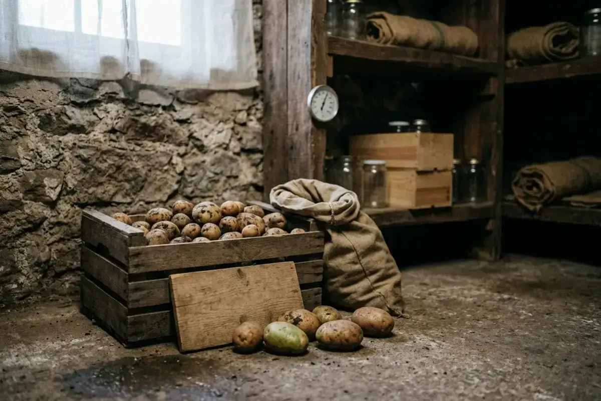 Frische Kartoffeln lagern in einer Holzkiste und einem Jutesack in einem rustikalen Keller. Regale mit Gläsern und Säcken im Hintergrund.