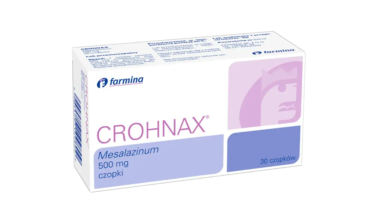 Opakowanie leku CROHNAX z mesalazinum 500 mg, 30 czopków. Pomaga w leczeniu chorób zapalnych jelit.