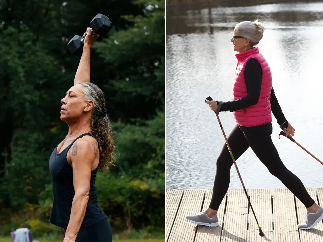 Kobieta ćwiczy z hantlem, obok inna kobieta uprawia nordic walking, jak chodzić, żeby schudnąć.