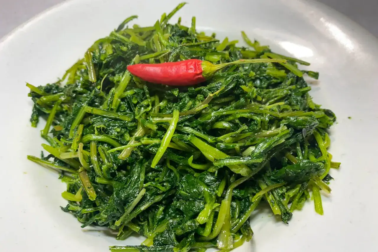 Cicoria ripassata in padella, un contorno saporito con un peperoncino rosso piccante a guarnire.