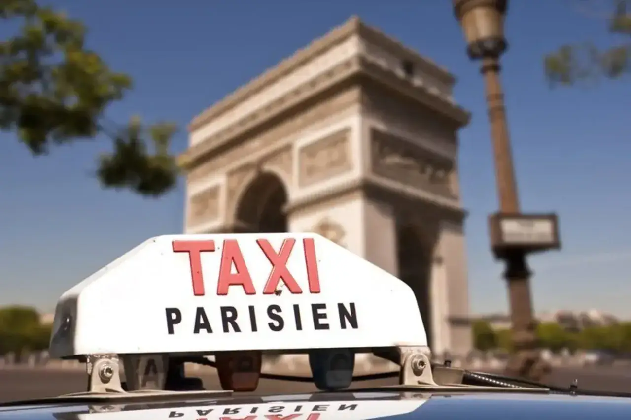 Un taxi parisien con el Arco del Triunfo de fondo.