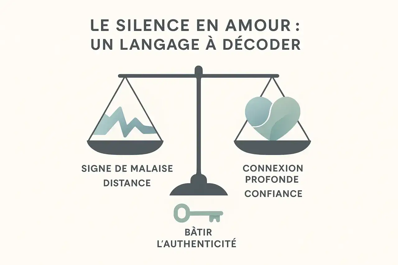 Une balance symbolise le silence en amour. D'un c&ocirc;t&eacute;, un graphique en dents de scie repr&eacute;sente le malaise et la distance. De l'autre, un c&oelig;ur symbolise la connexion et la confiance. La cl&eacute; 