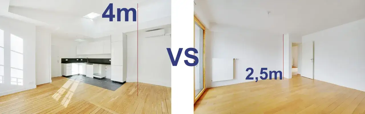 Comparaison de deux appartements : l'un avec une hauteur sous plafond de 4m, lumineux et spacieux, l'autre avec 2,5m, plus conventionnel.