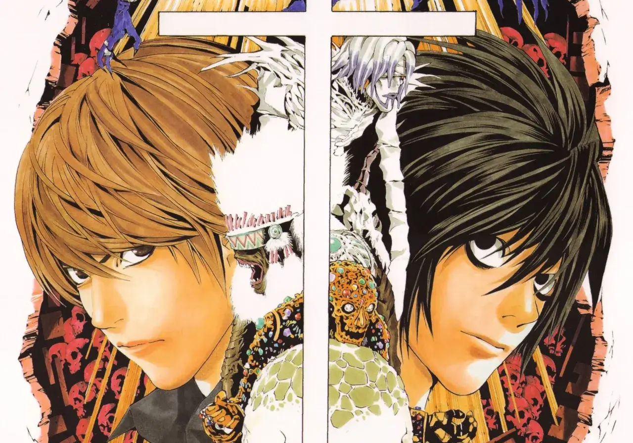 Light i L z Death Note, otoczeni przez symbole śmierci i szkielety.
