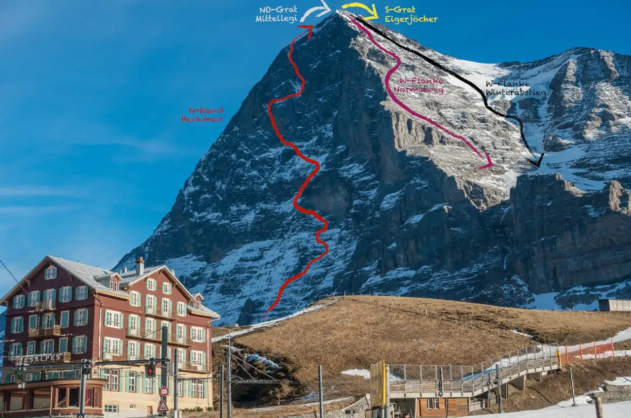 Eiger Nordwand Besteigung: Routen wie Heckmair, Mittellegi und Eigerj&ouml;cher sind eingezeichnet.