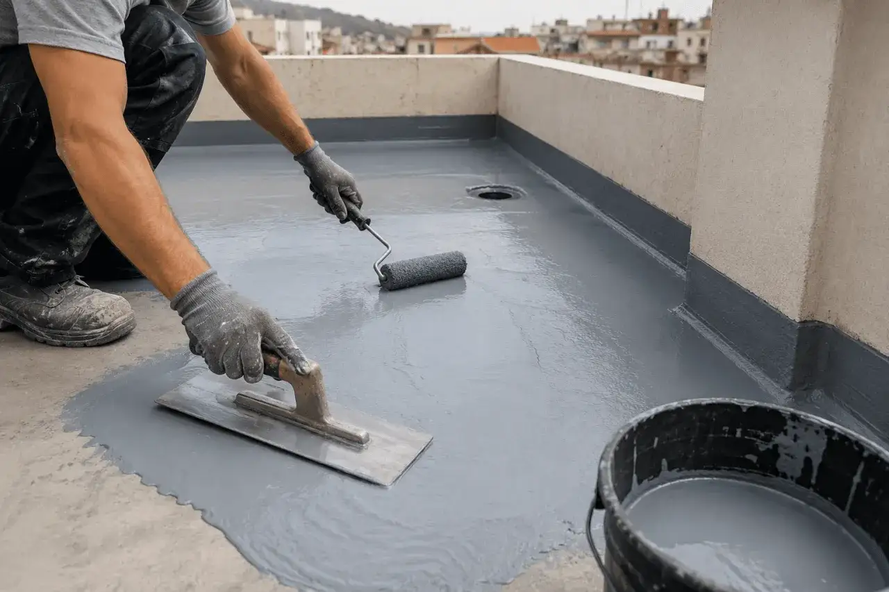 Obrero aplica pintura impermeabilizante en terraza. El tiempo secado es crucial para la durabilidad.