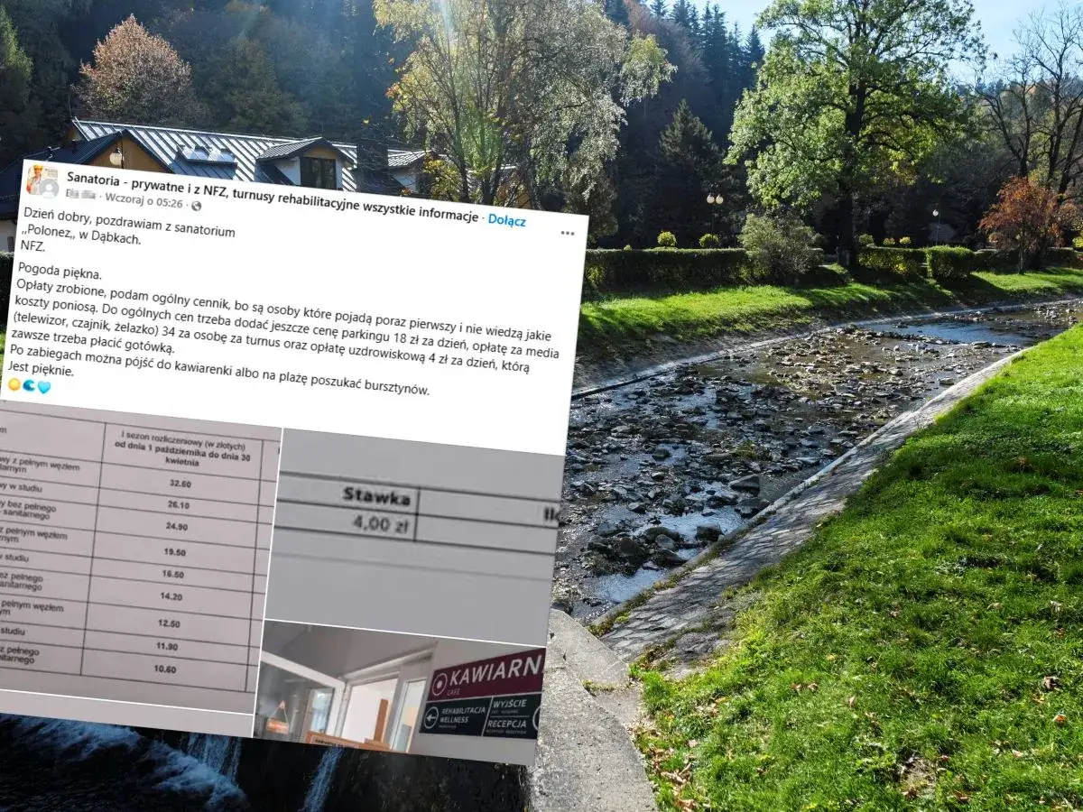 Post o sanatorium w Dąbkach, z cennikiem i informacją, ile się dopłaca do sanatorium za parking i opłatę uzdrowiskową. W tle piękny potok.