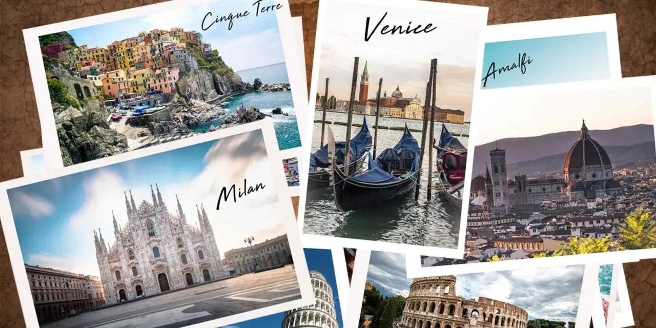 Collage of photos showcasing top tourist attractions in Italy: Cinque Terre, Venice gondolas, Milan Cathedral, Amalfi Coast, Florence Duomo, Leaning Tower of Pisa, and the Colosseum.