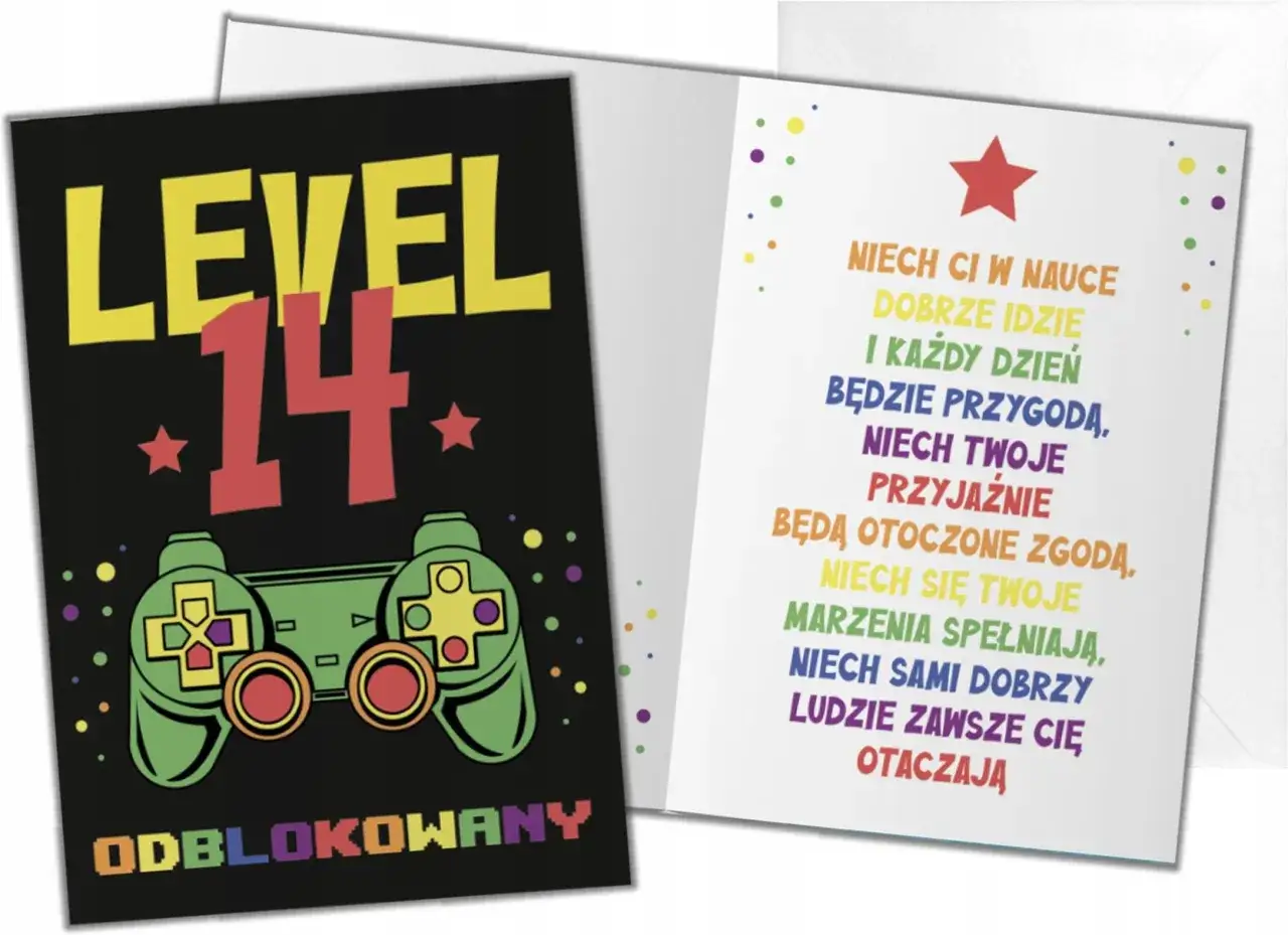 Wesołe życzenia urodzinowe dla 14 latki z motywem gier. 