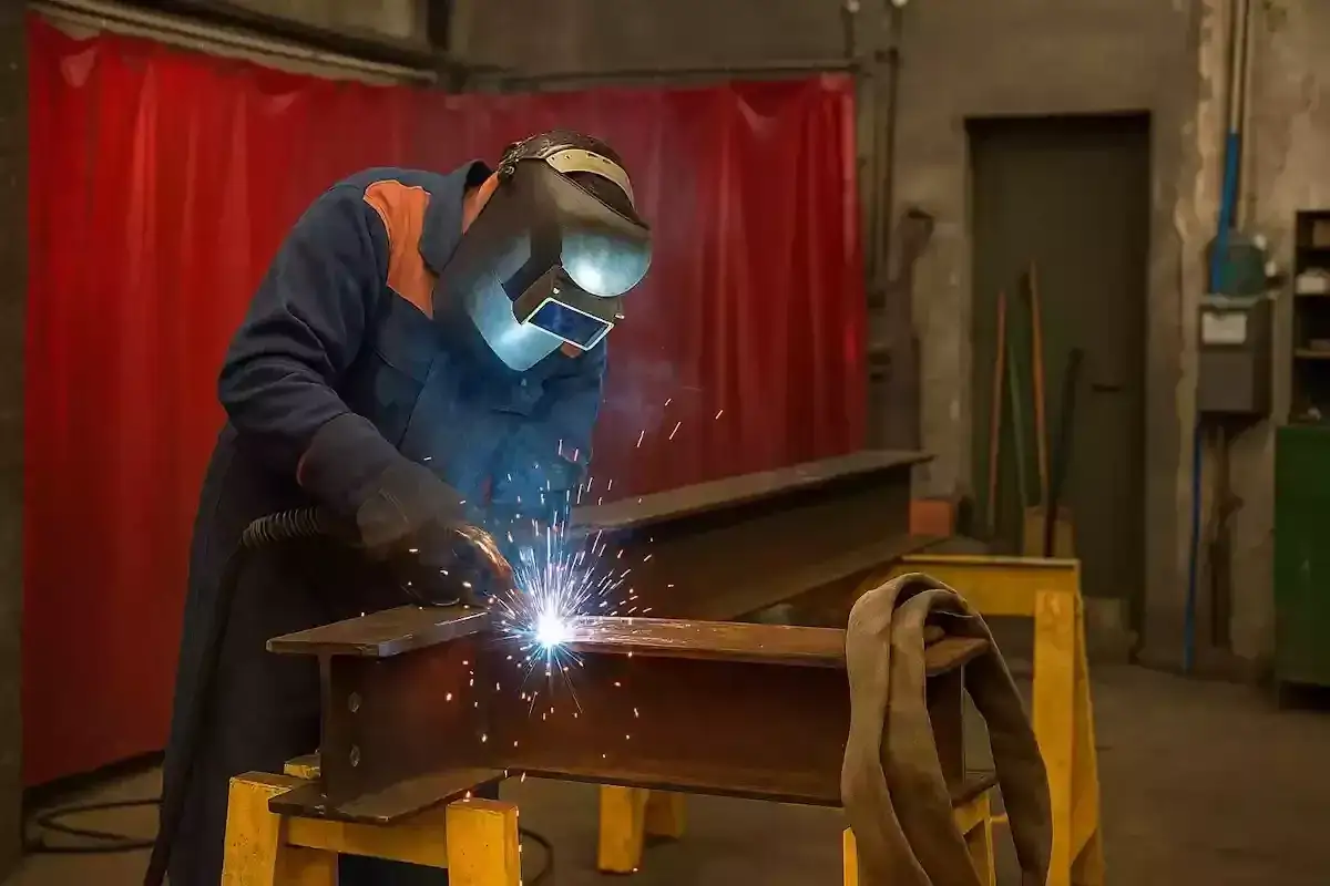 Uczeń rozpoczyna naukę spawania, tworząc iskry podczas łączenia metalowych belek.