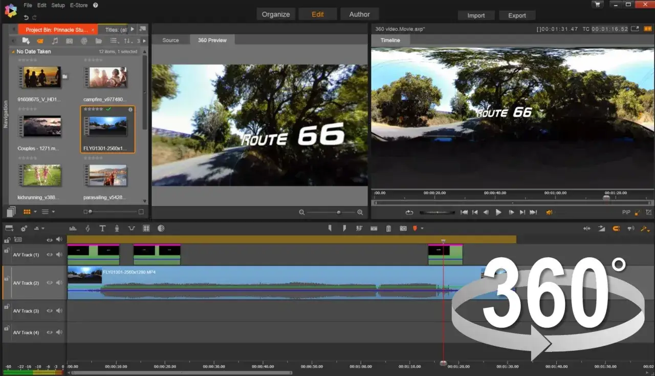 Interfaccia di Insta360 Studio con timeline e anteprima video 360&deg; della Route 66.