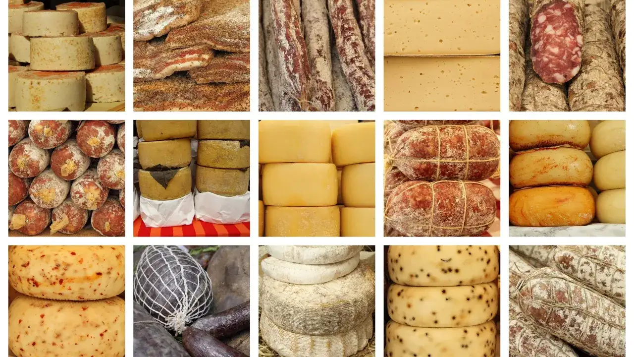 Un collage di immagini che mostra una varietà di prodotti tipici toscani: formaggi, salumi e pancetta.