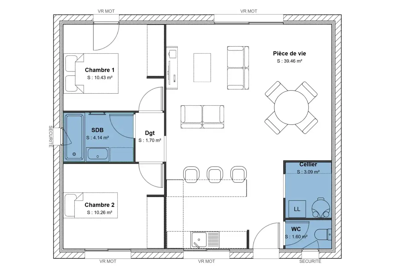 Plan maison 70m2 avec 2 chambres, pièce de vie, SDB, WC, cellier et dégagement. Idéal pour une famille.