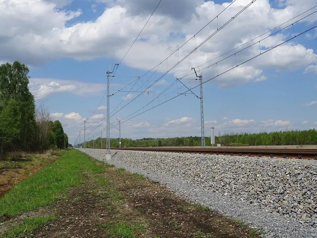 Linia kolejowa z siecią trakcyjną dla pociągów elektrycznych, otoczona zielenią i lasem, pod błękitnym niebem z chmurami.